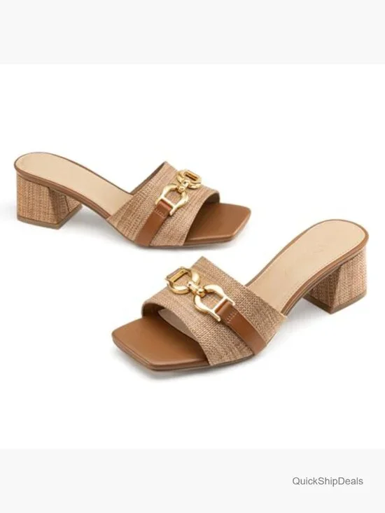 Raffia Heeled Sandals Square Open Toe Slip On Mules Chunky Block Heels - Picture 5 of 7